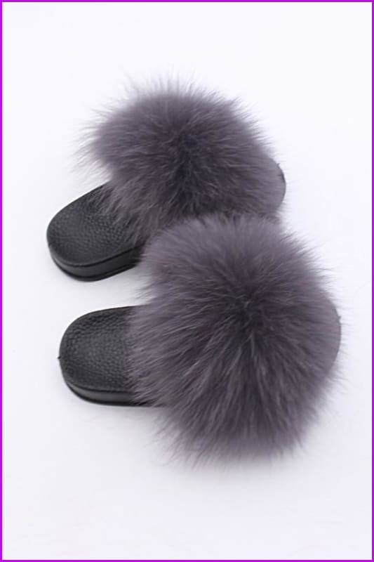 Kids Dark Grey Fox Fur Sliders F003 - Furdela