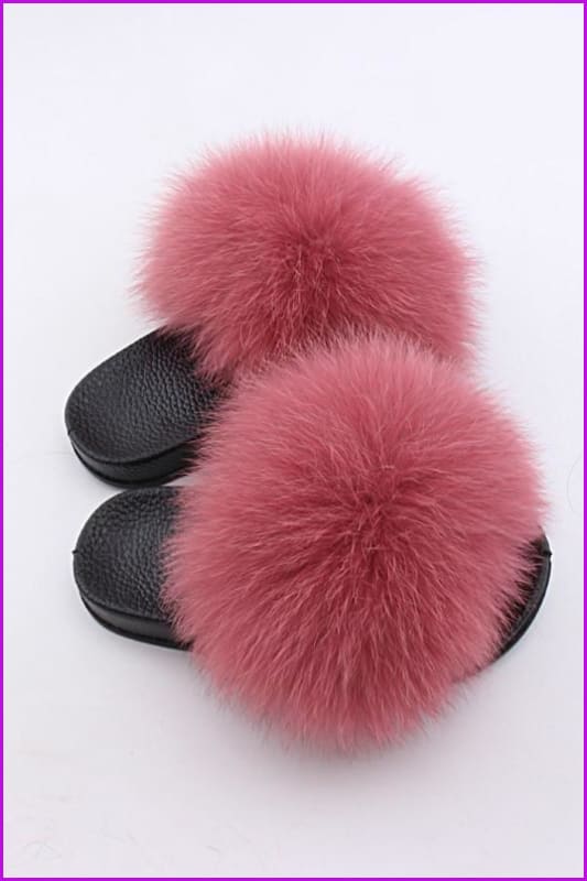 Kids Dark Pink Fox Fur Sliders F003 - Furdela