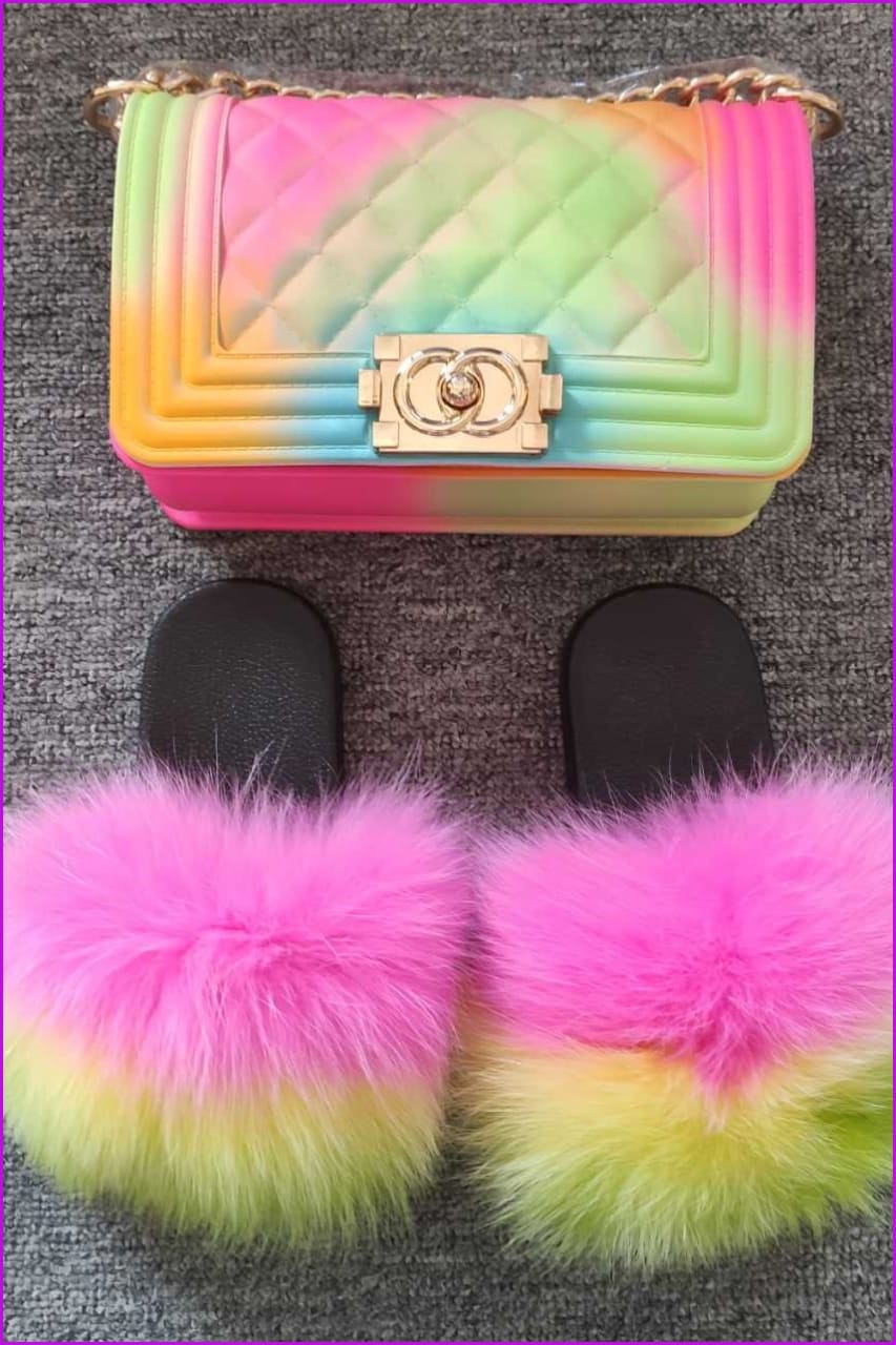 Kids Fluffy Slides & Purse Set F873 - Furdela