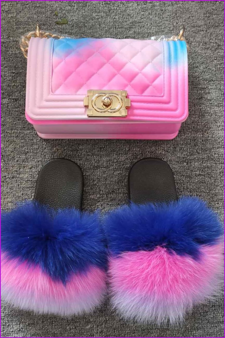 Kids Fluffy Slides & Purse Set F873 - Furdela