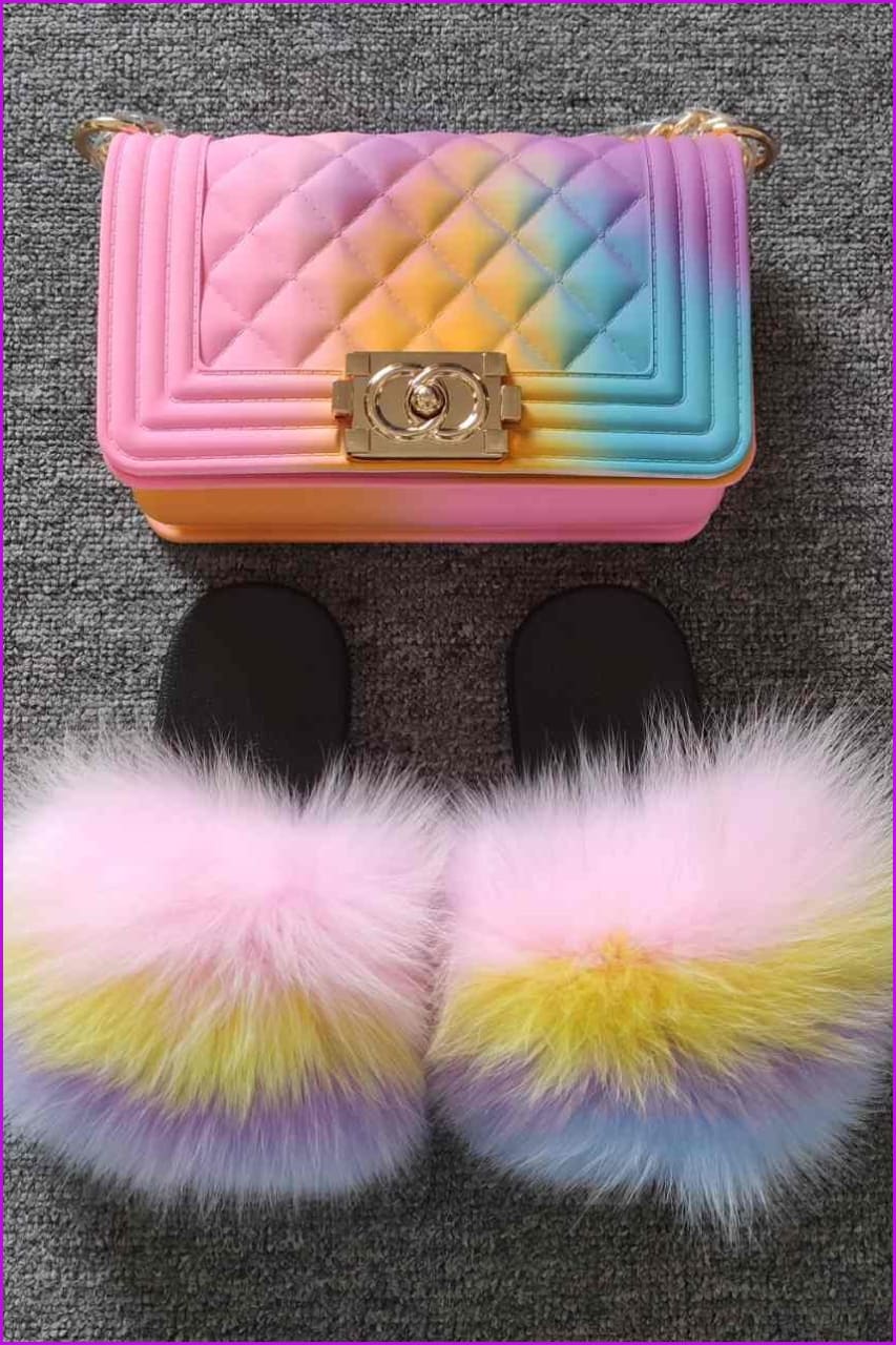 Kids Fluffy Slides & Purse Set F873 - Furdela