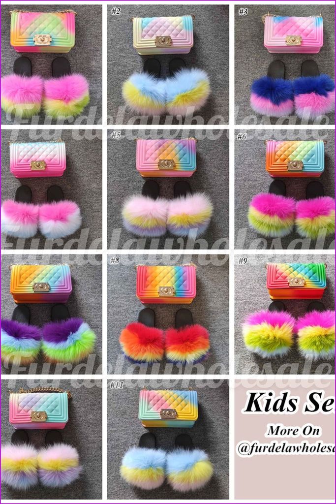 Kids Fluffy Slides & Purse Set F873 - Furdela