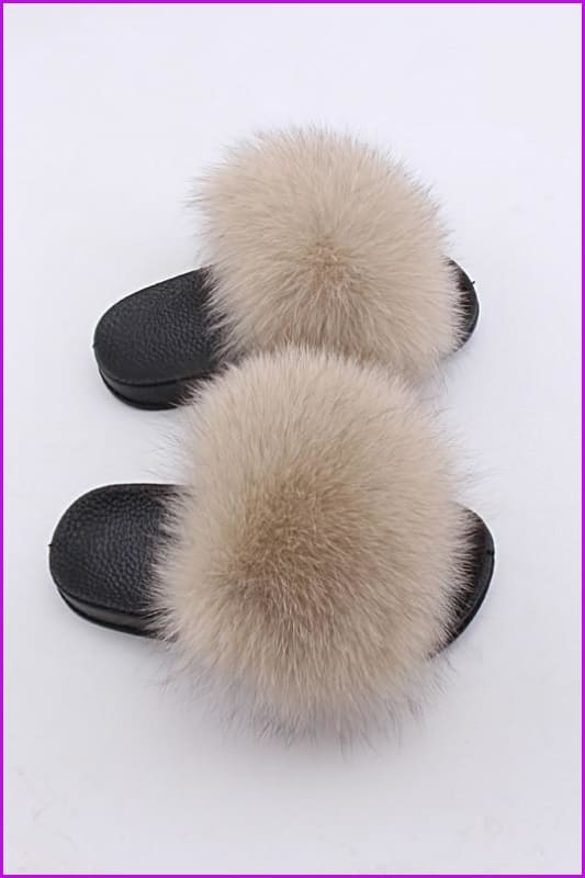 Kids Light Brown Fox Fur Sliders F003 - Furdela