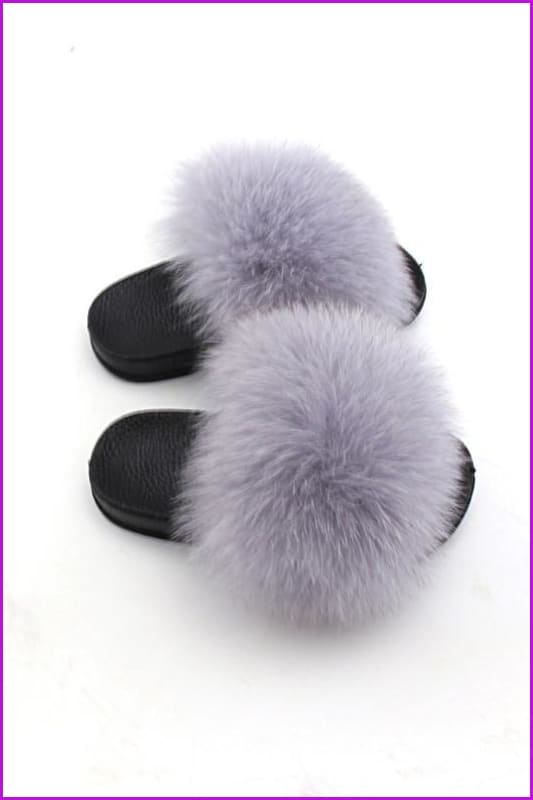 Kids Light Grey Fox Fur Sliders F003 - Furdela Wholesale
