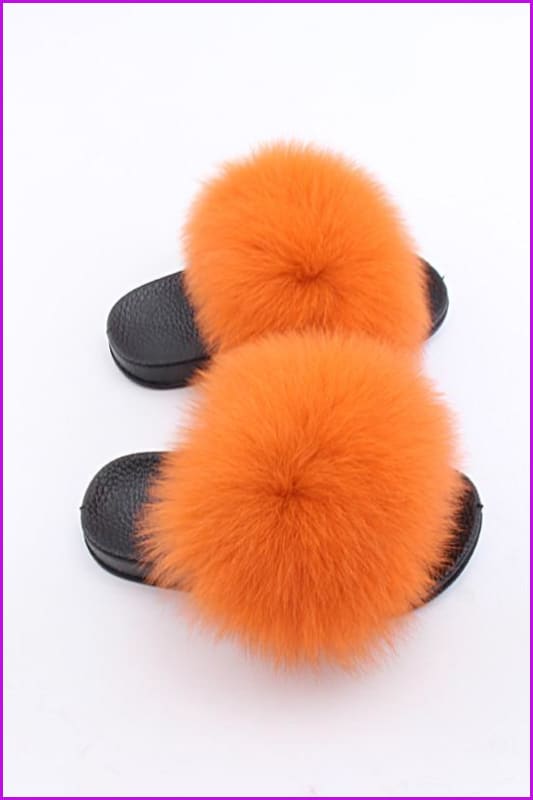 Kids Orange Fox Fur Sliders F003 - Furdela