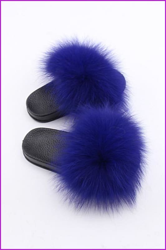 Kids Royal Blue Fox Fur Sliders F003 - Furdela Wholesale