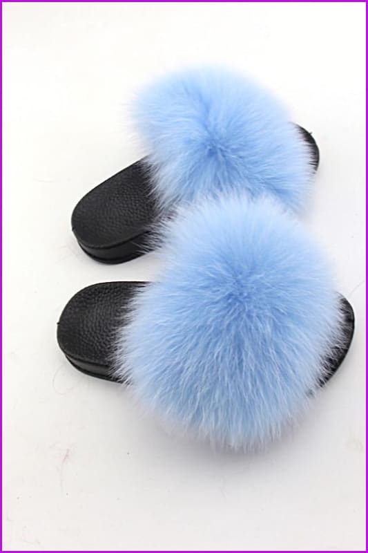 Kids Skyblue Fox Fur Sliders F003 - Furdela Wholesale