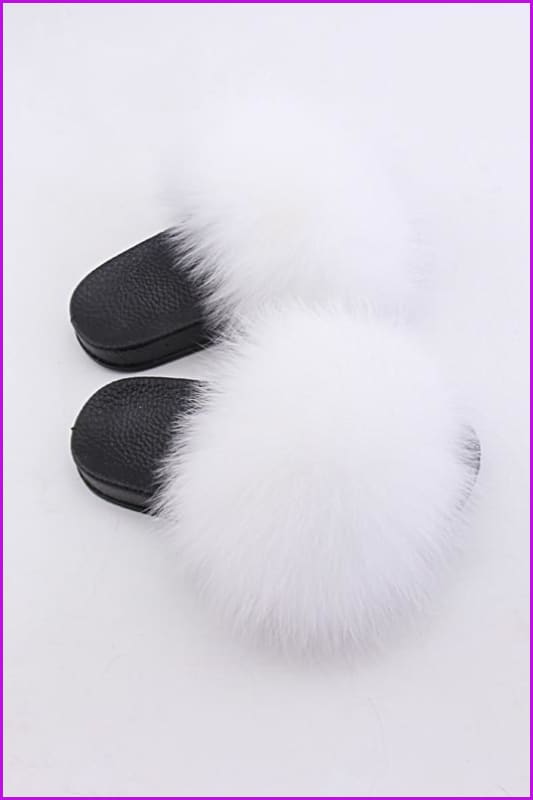Kids White Fox Fur Sliders F003 - Furdela