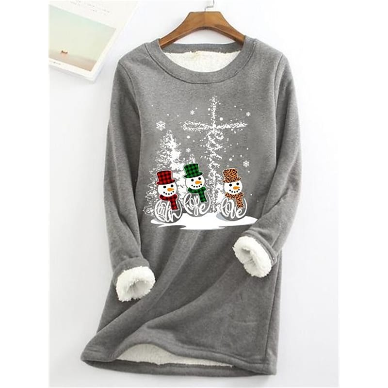 Women's Sweatshirt Pullover Sherpa Fleece Teddy Blue Gray Black Snowman Christmas Round Neck Long Sleeve Fleece S M L XL XXL 3XL PC115