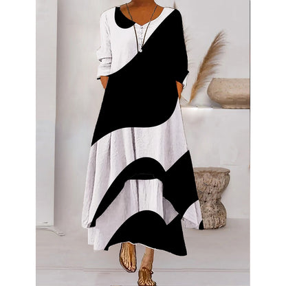 Women s Color Block Long Maxi Dress Button Layered Casual Dress Swing Dress Print Dress Fashion Modern Daily Vacation Weekend 3/4 Length Sleeve Crew Neck Dress Loose Fit Silver Black White AS301