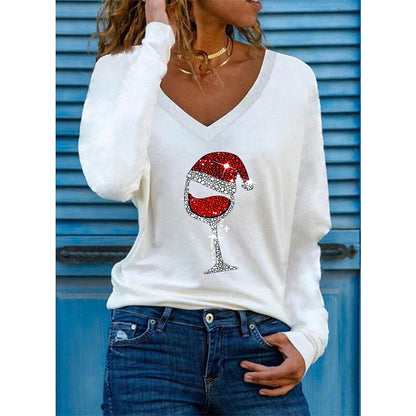 Women's T shirt Tee Green Black Blue Ugly Christmas Wine Glass Print Long Sleeve Christmas Weekend Christmas V Neck Regular Regular Fit Painting S PC86