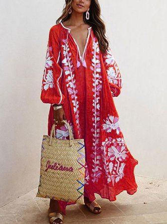 Women Printed Boho Casual Dress V Neck Holiday Maxi Dress AD1051