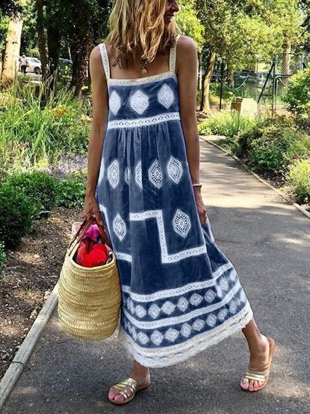 Women Fashion Bohemian Loose Casual Sleeveless Maxi Dress F4137