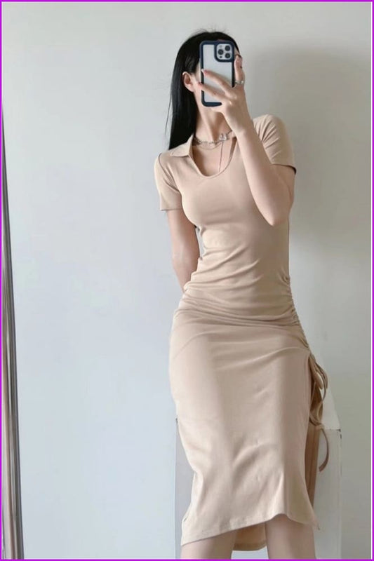 Ladies Solid Slit V Neck Short Sleeve Midi Dress - Furdela