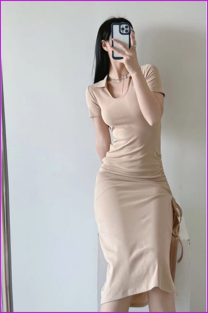 Ladies Solid Slit V Neck Short Sleeve Midi Dress - Furdela