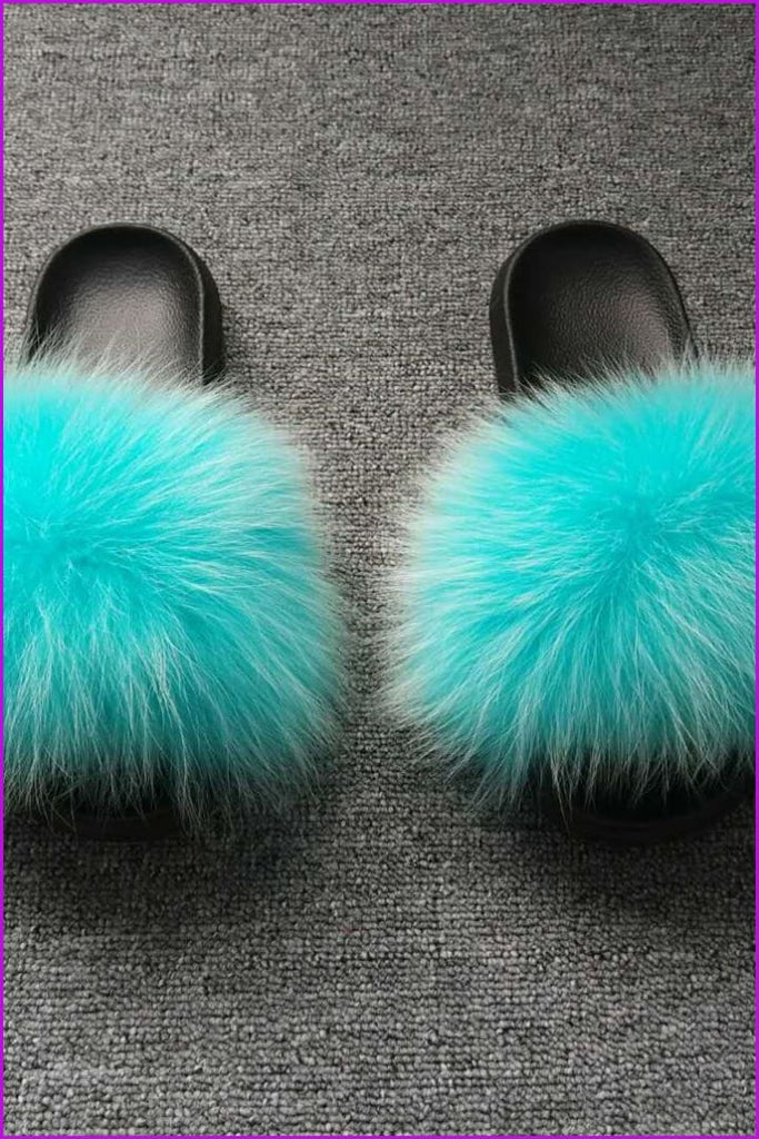 Lake Blue Fox Full-Pelt Fur Sliders DF003 - Furdela Wholesale