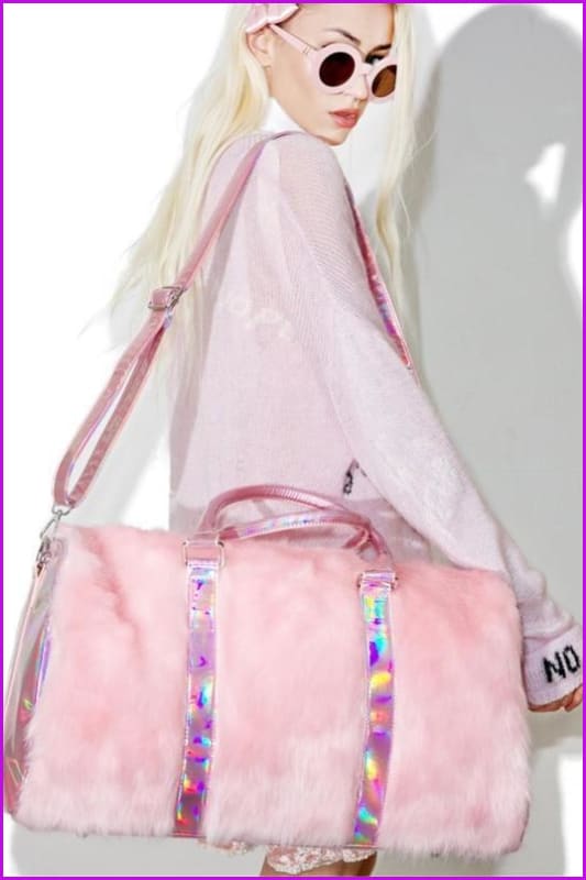 Large Tote Plush Pink Faux Fur Travel Bag F14188 - Furdela