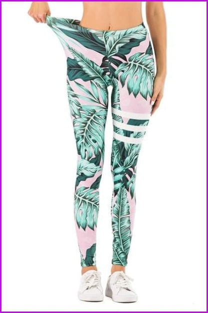 Leaf Printing High Waist Slim Fitness Pants DE111 - Furdela