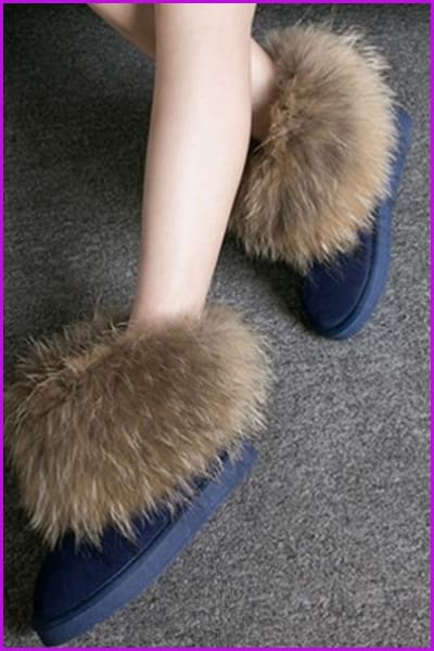 Leather Real Fox Fur Warm Black Round Toe Casual Snow Boots F1267 - Furdela Wholesale