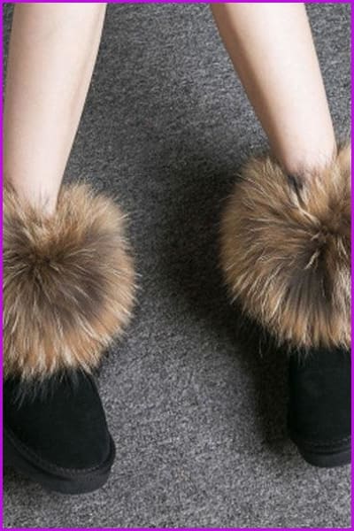 Leather Real Fox Fur Warm Black Round Toe Casual Snow Boots F1267 - Furdela Wholesale