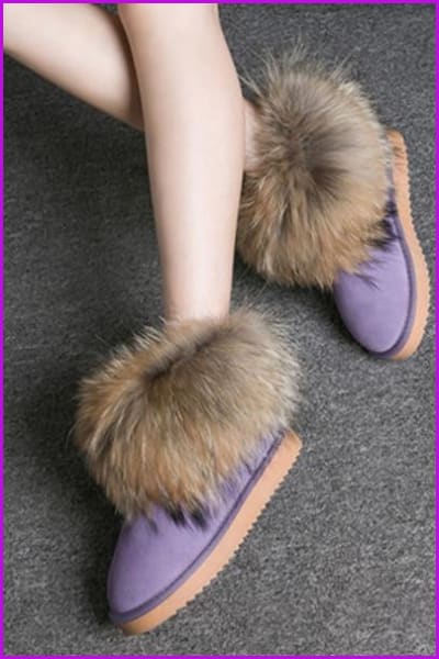 Leather Real Fox Fur Warm Black Round Toe Casual Snow Boots F1267 - Furdela Wholesale