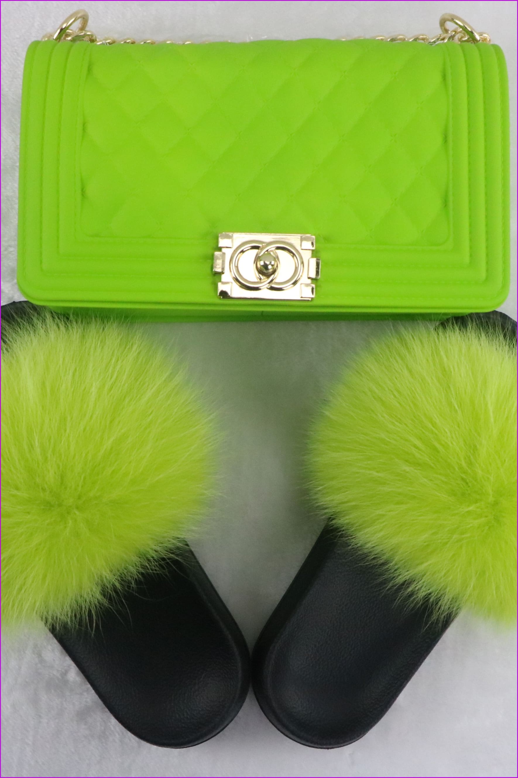 Lemon Green Fur Slides & Bag Set F735 - Furdela