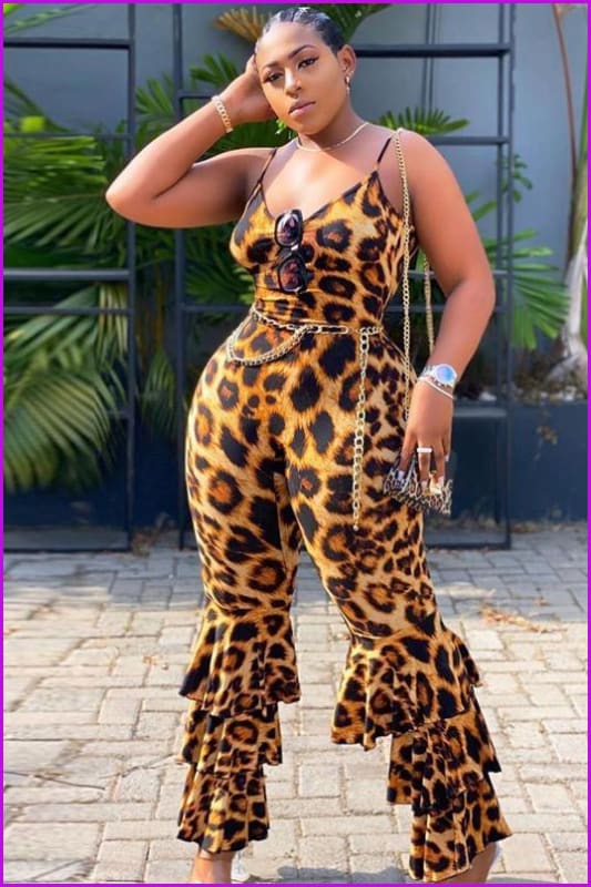 Leopard Print Backless Bell Bottom Plus Size Jumpsuits F1919 - Furdela