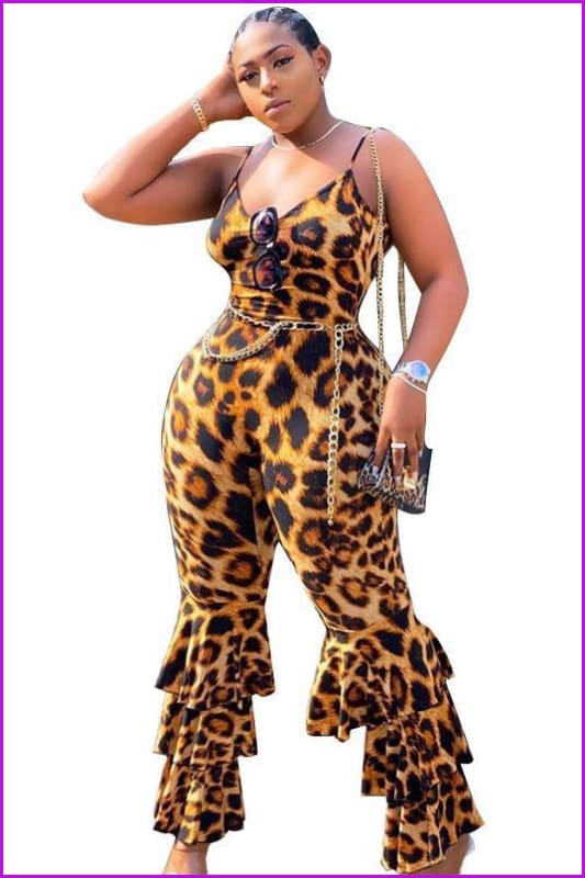 Leopard Print Backless Bell Bottom Plus Size Jumpsuits F1919 - Furdela