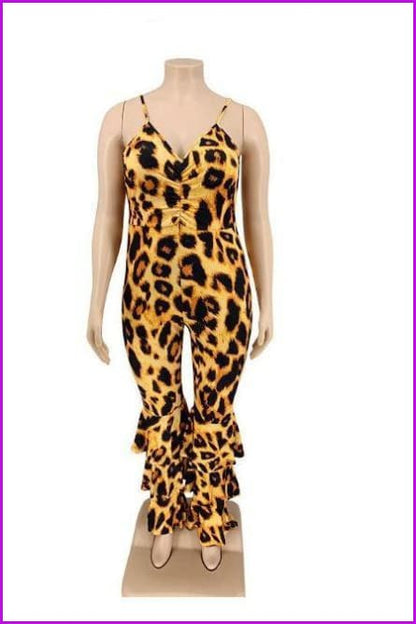 Leopard Print Backless Bell Bottom Plus Size Jumpsuits F1919 - Furdela