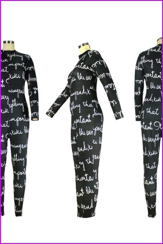 Letter Printed Black Long Sleeve Jumpsuit F1963 - Furdela