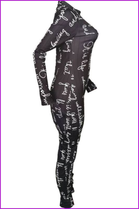 Letter Printed Black Long Sleeve Jumpsuit F1963 - Furdela