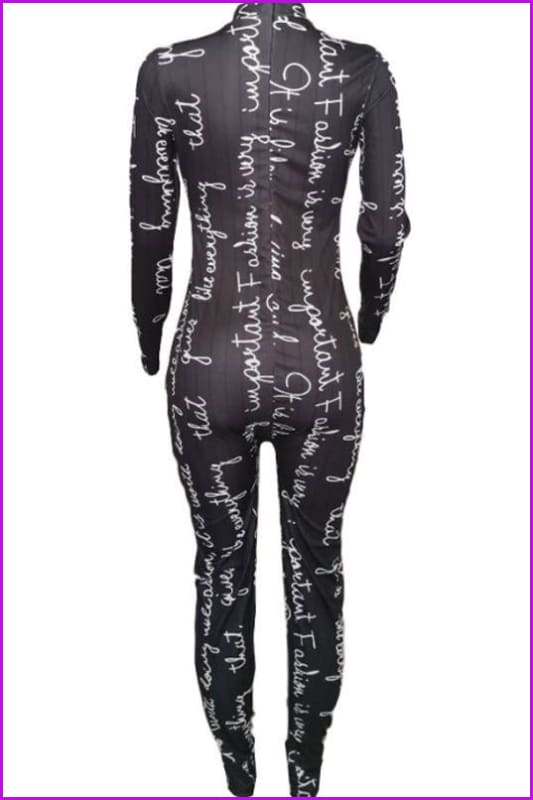 Letter Printed Black Long Sleeve Jumpsuit F1963 - Furdela