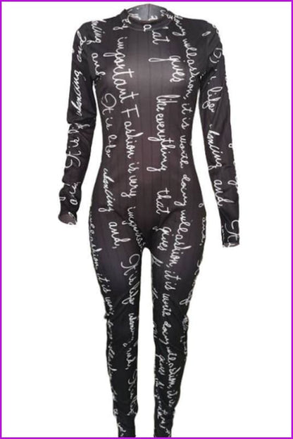 Letter Printed Black Long Sleeve Jumpsuit F1963 - Furdela