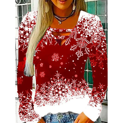 Women's Blouse Shirt Green Blue Red Snowflake Print Long Sleeve Christmas Weekend Streetwear Casual V Neck Regular S / 3D Print PC110