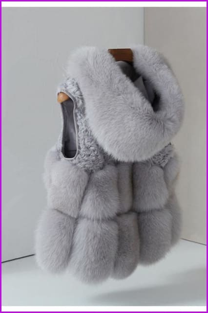 Light Grey Fox Fur with Lamp Fur Hooded Gilet 55CM DO1500 - Furdela