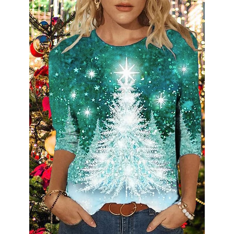 Women's T shirt Tee Green Black Blue Christmas Tree Print Long Sleeve Christmas Weekend Basic Round Neck Regular Floral Painting S PC105