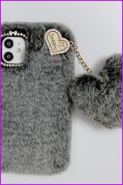 Love Heart Pendant Rabbit Furry Case Hair Plush Phone Cover DE285 - Furdela