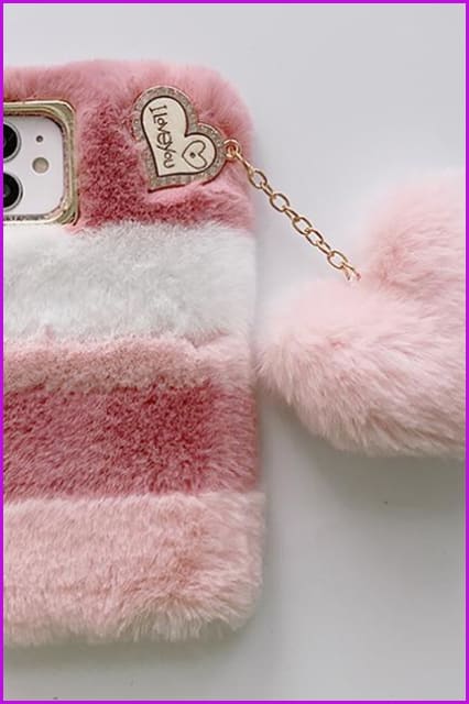 Love Heart Pendant Rabbit Furry Case Hair Plush Phone Cover DE285 - Furdela