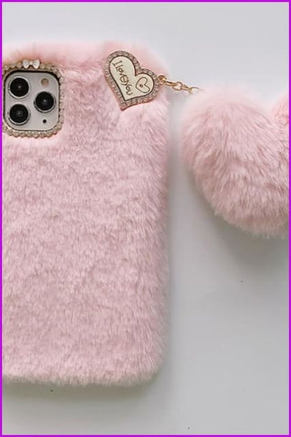 Love Heart Pendant Rabbit Furry Case Hair Plush Phone Cover DE285 - Furdela