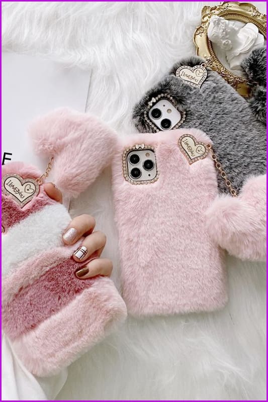 Love Heart Pendant Rabbit Furry Case Hair Plush Phone Cover DE285 - Furdela