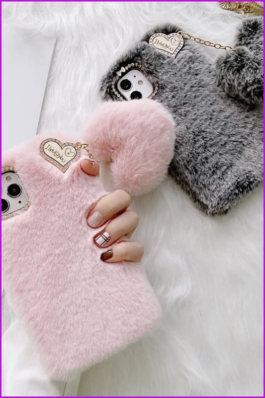 Love Heart Pendant Rabbit Furry Case Hair Plush Phone Cover DE285 - Furdela