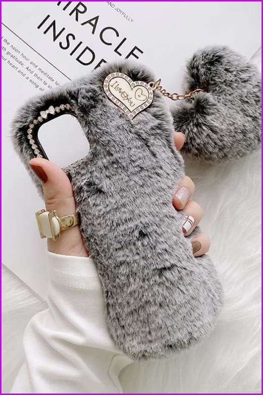 Love Heart Pendant Rabbit Furry Case Hair Plush Phone Cover DE285 - Furdela