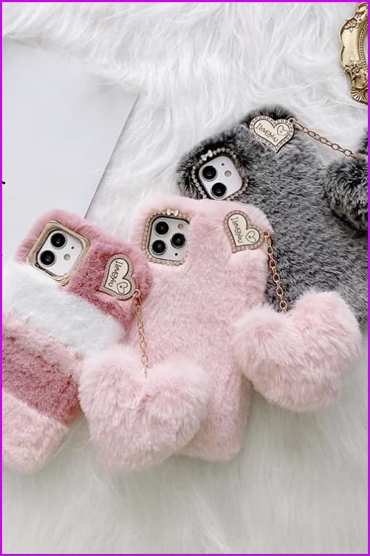 Love Heart Pendant Rabbit Furry Case Hair Plush Phone Cover DE285 - Furdela