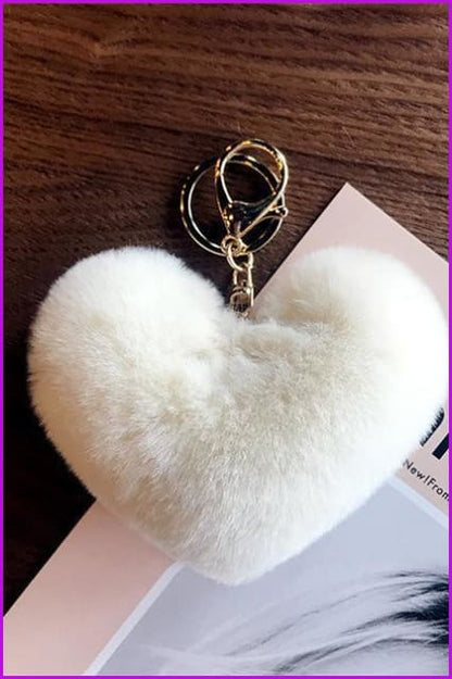 Lovely Heart Shaped Pom Poms Fluffy Fur Pompom Keychain Rabbit Fur - Furdela Wholesale