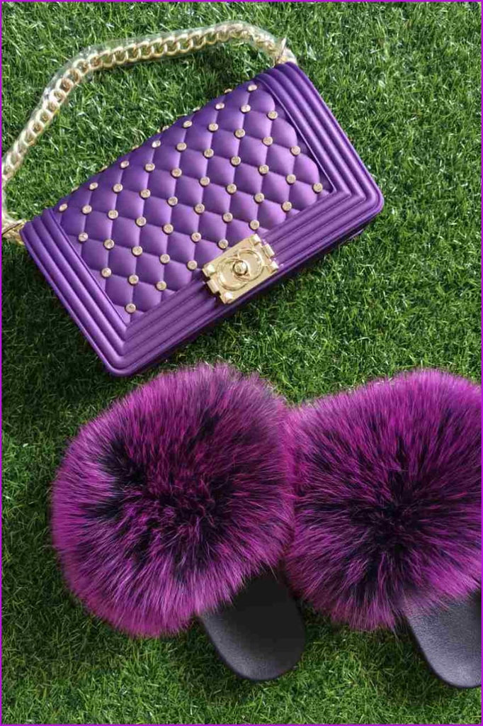 Luxurious Purple Jelly Bag With PVC Fur Slides - Furdela