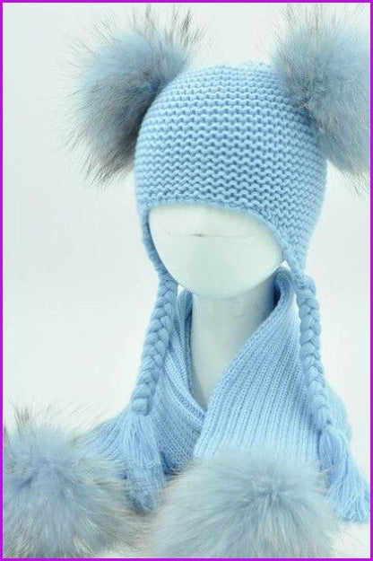 Luxury Real Raccoon Fur Pompom Cap and Scarf Set - Furdela