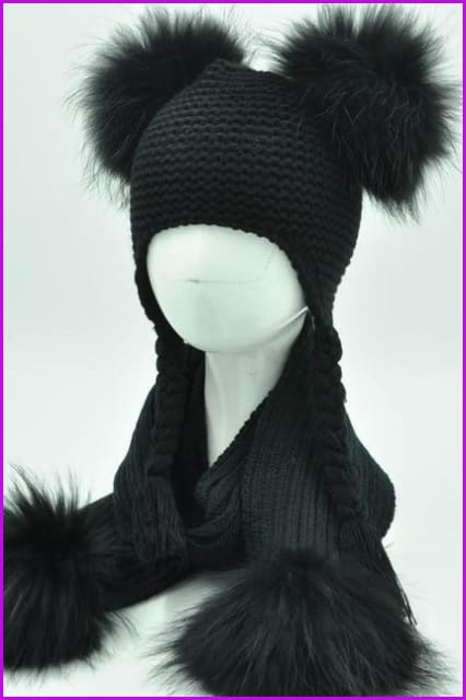 Luxury Real Raccoon Fur Pompom Cap and Scarf Set - Furdela