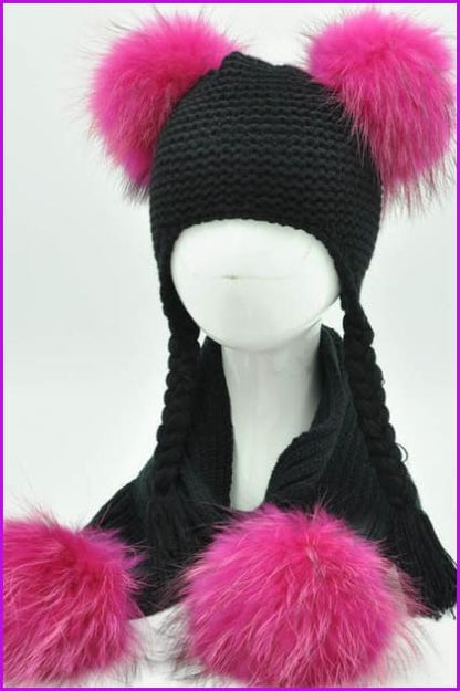 Luxury Real Raccoon Fur Pompom Cap and Scarf Set - Furdela