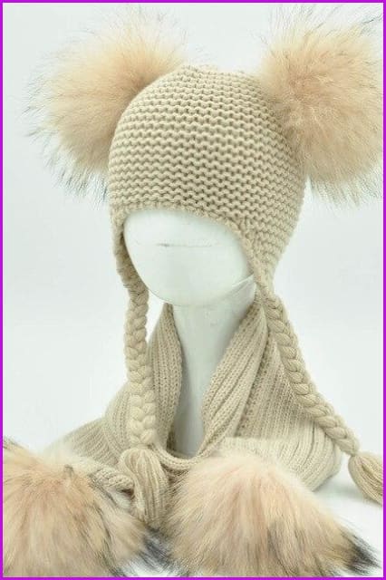 Luxury Real Raccoon Fur Pompom Cap and Scarf Set - Furdela