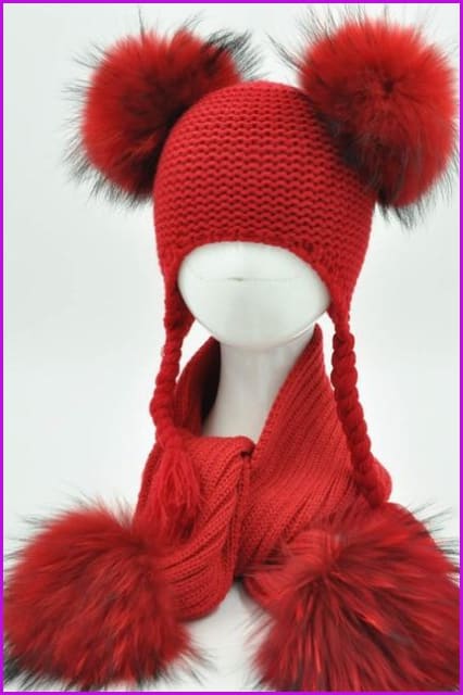 Luxury Real Raccoon Fur Pompom Cap and Scarf Set - Furdela